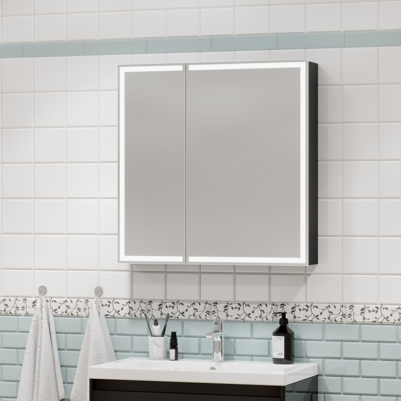 Зеркало-шкаф "Mirror Box black Led" 800х800 МВК052